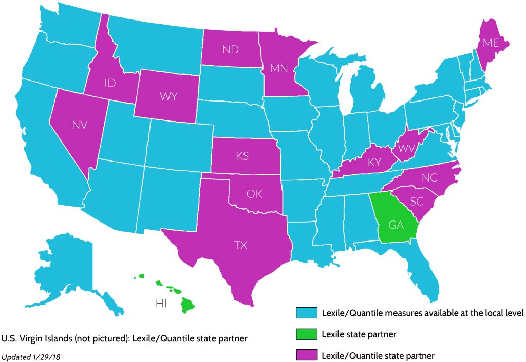 A U.S. Map showing that Lexile and Quantile measures are reported at a district and state level.